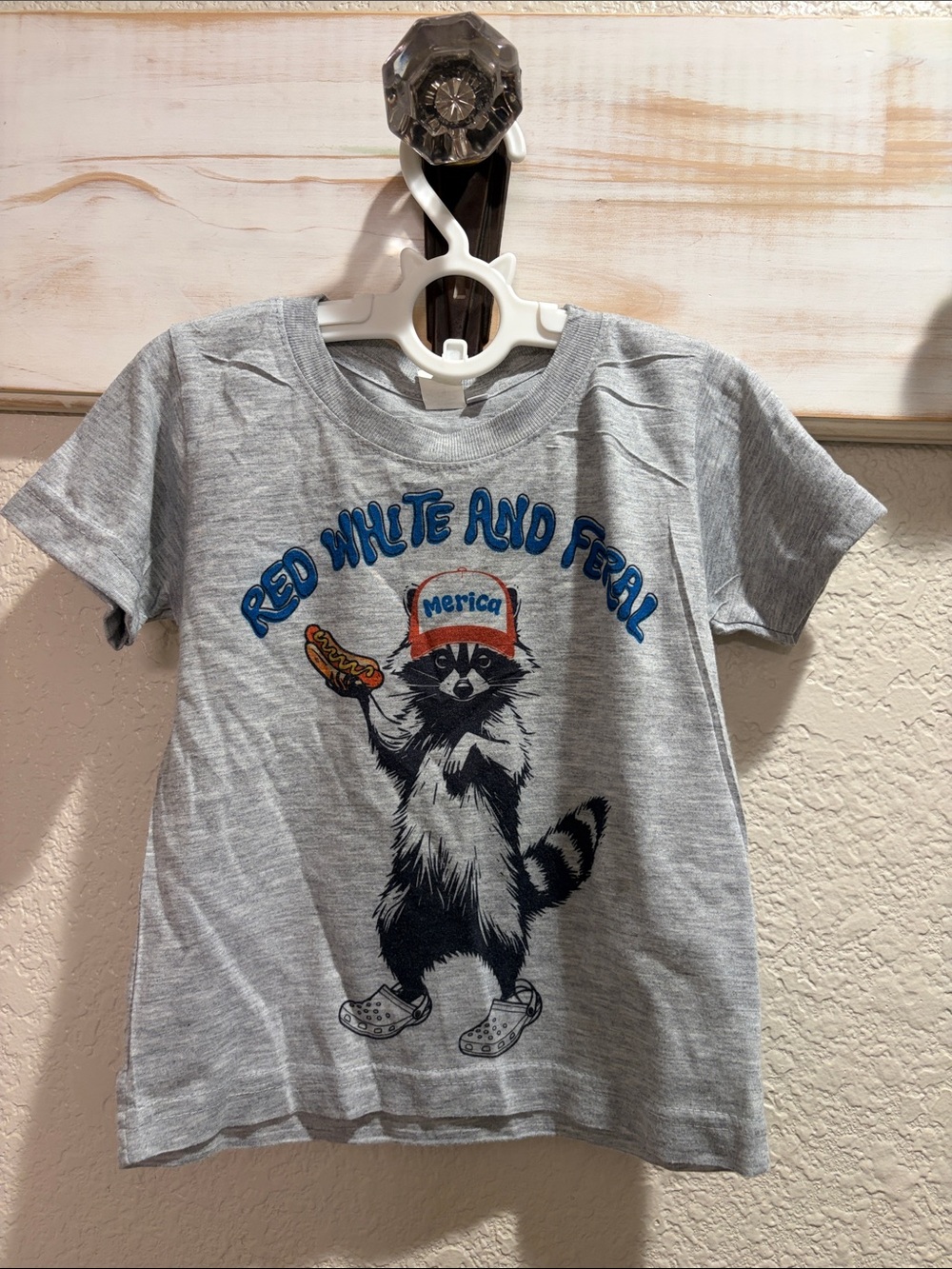 Gray Kids Graphic Tee "Red White and Feral" with Raccoon